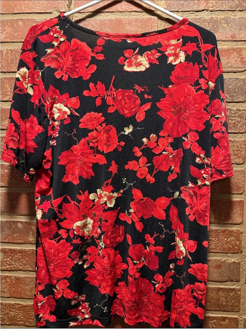 Jaclyn Smith Black Tee with Vibrant Red Floral Print
